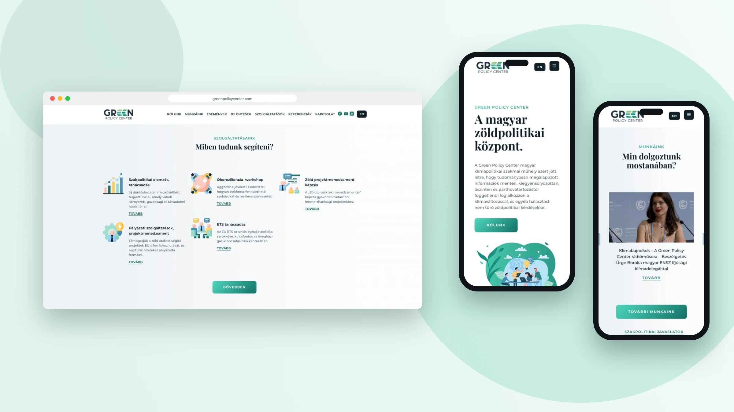 Green Policy Center weboldal mobilon és asztali gépen